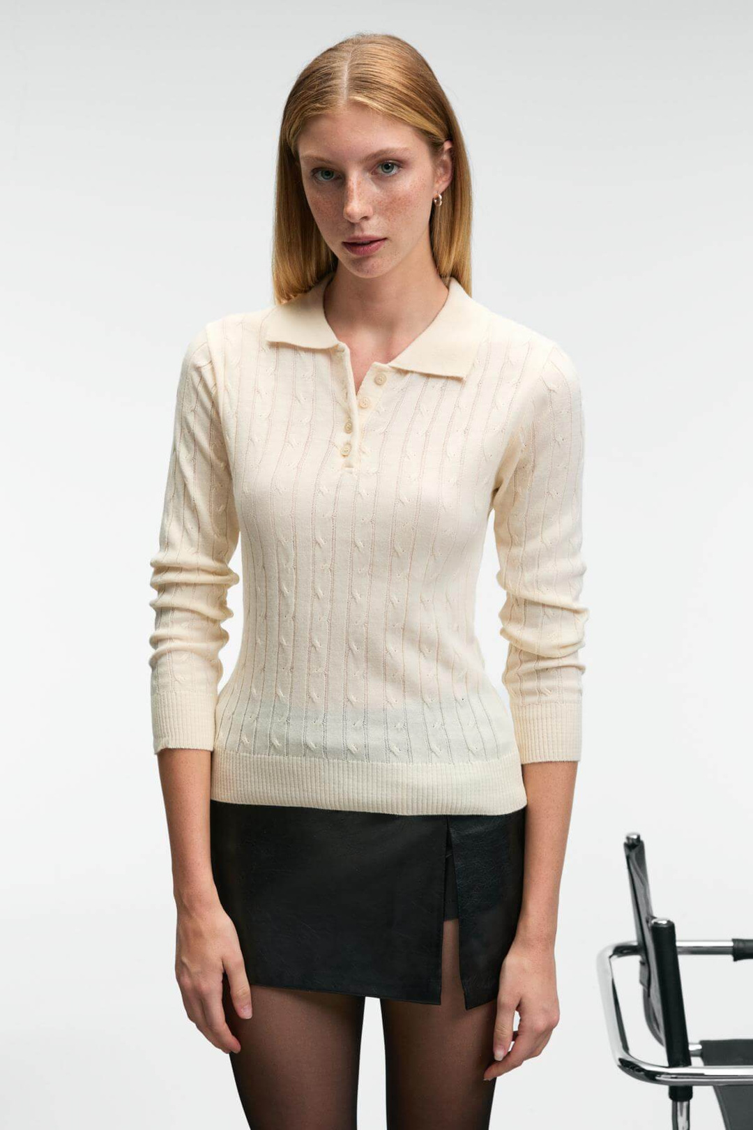 CASTANA Kadın Polo Yaka Düğmeli Regular Fit Triko Ekru Kazak