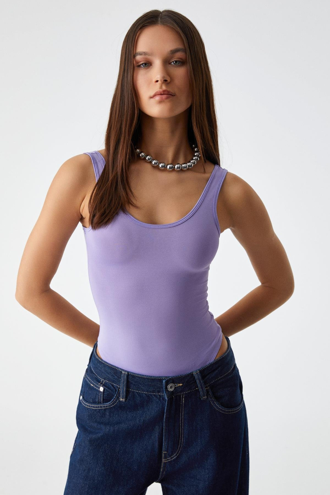 CHILES Kadın Slim Halter Yaka Kolsuz Çıtçıtlı Mor Atlet