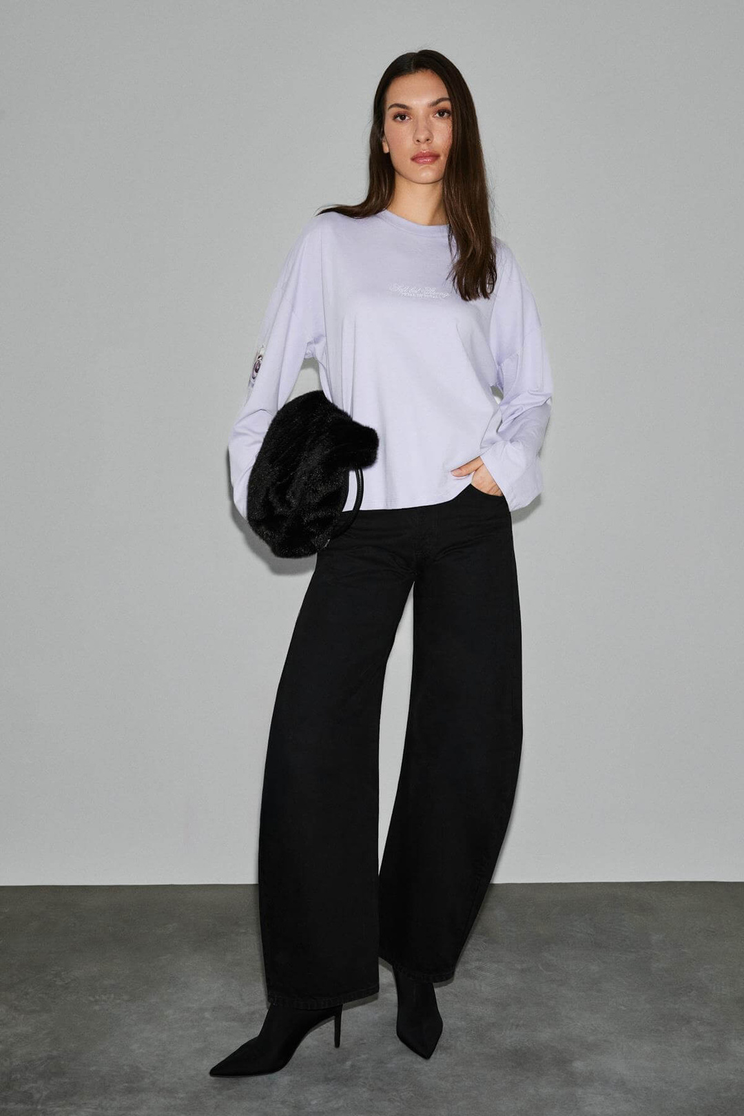 CIANELLE Kadın Organik Pamuklu Bisiklet Yakalı Uzun Kollu Oversize Lila T-Shirt