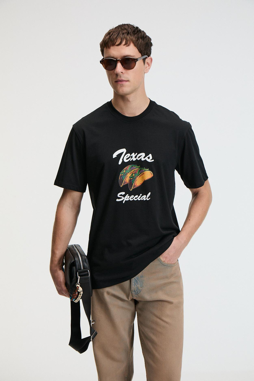 CRISP Erkek Oversize %100 Pamuk Baskılı Yuvarlak Yaka Siyah T-Shirt