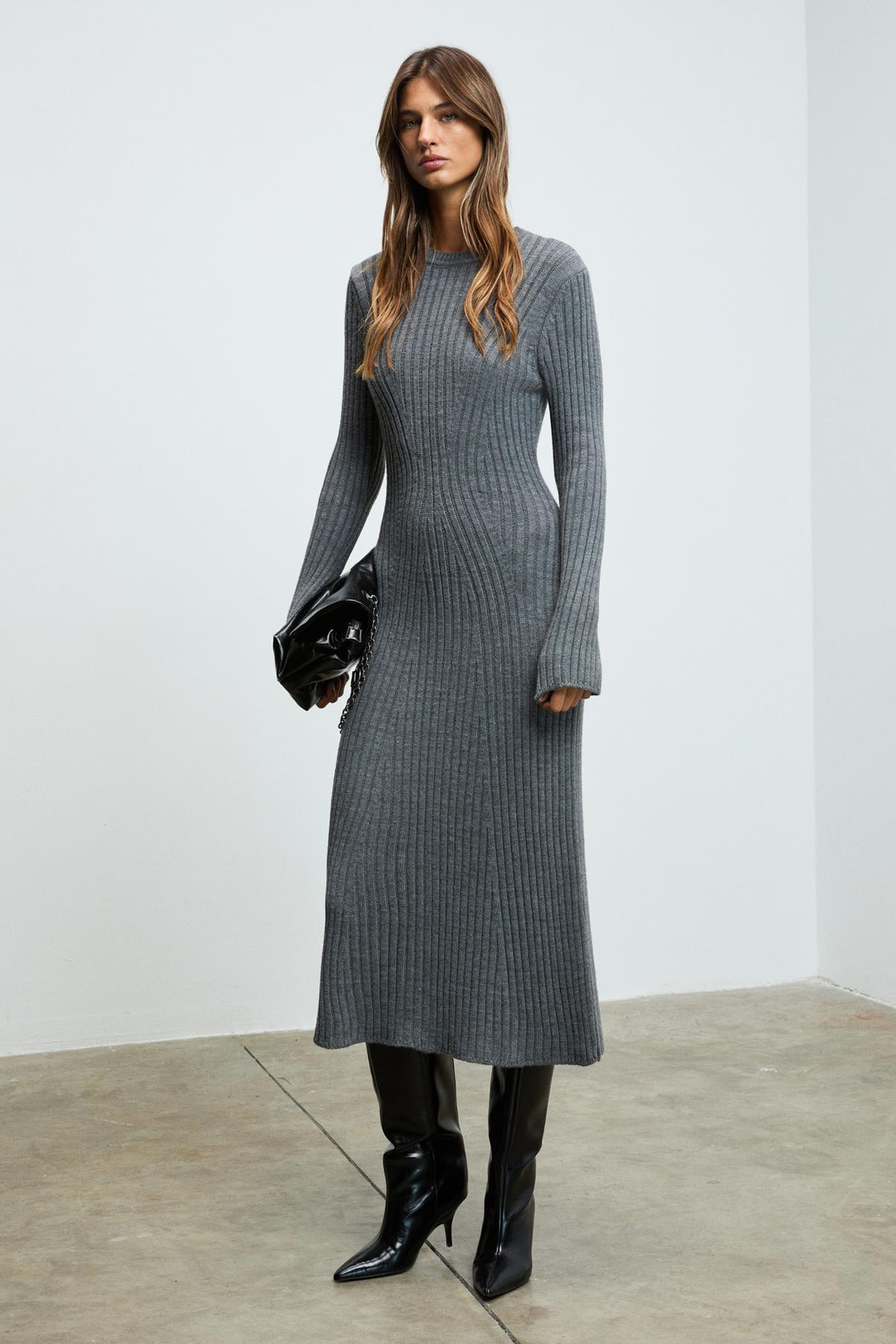 DUENDE Kadın Yuvarlak Yaka Çizgi Desenli Slim Fit Triko Grimelanj Elbise