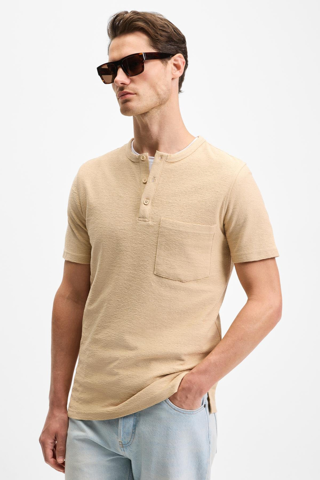 ERMAC Erkek Hakim Yaka Düğmeli Kısa Kol Bej T-Shirt