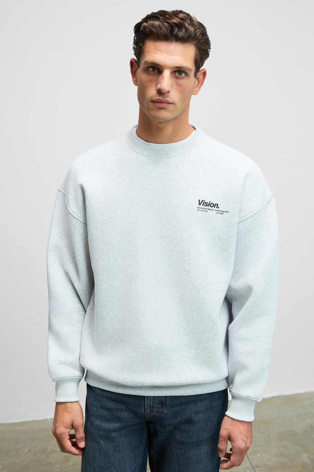 Ernest Erkek Organik Pamuklu Yumuşacık Baskı Detaylı Bisiklet Yaka İçi Polarlı Grimelanj Sweatshirt