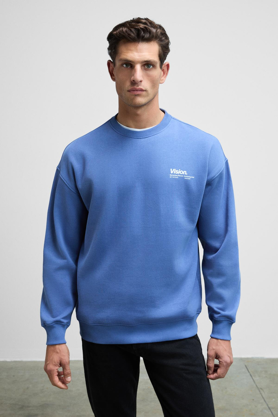 Ernest Erkek Organik Pamuklu Yumuşacık Baskı Detaylı Bisiklet Yaka İçi Polarlı Açık Mavi Sweatshirt