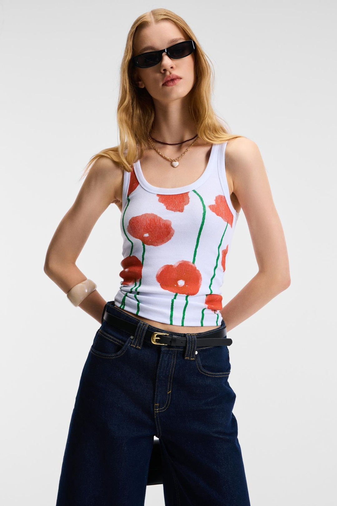 FARENELLA Esnek Ribana Kumaşlı Çiçek Baskılı Slim Beyaz Atlet