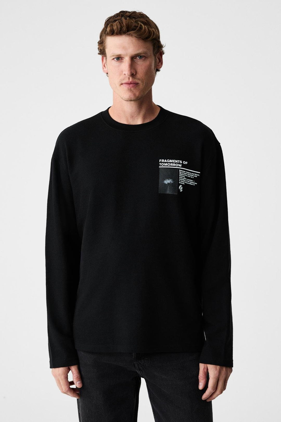 FRAGMENT Erkek %100 Organik Pamuklu Baskılı Uzun Kollu Siyah T-Shirt