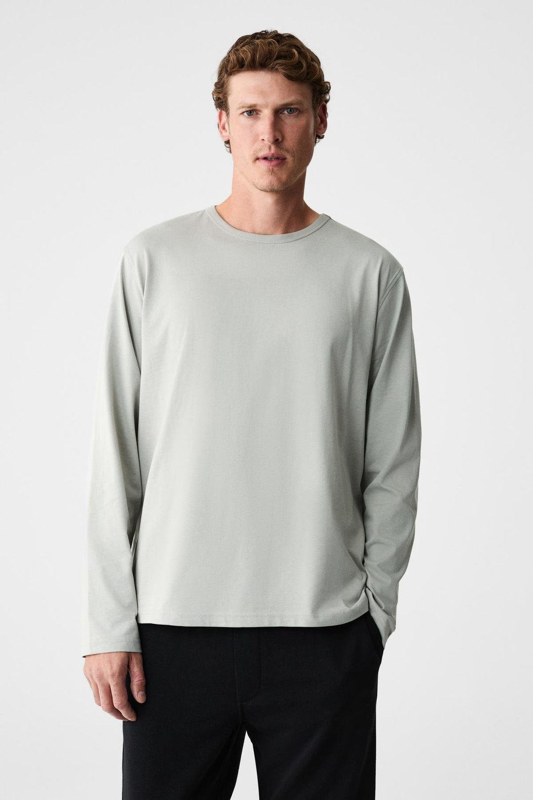 GRAVS Erkek %100 Pamuklu Yumuşak Kumaşlı Yuvarlak Yakalı Uzun Kollu Gri T-Shirt