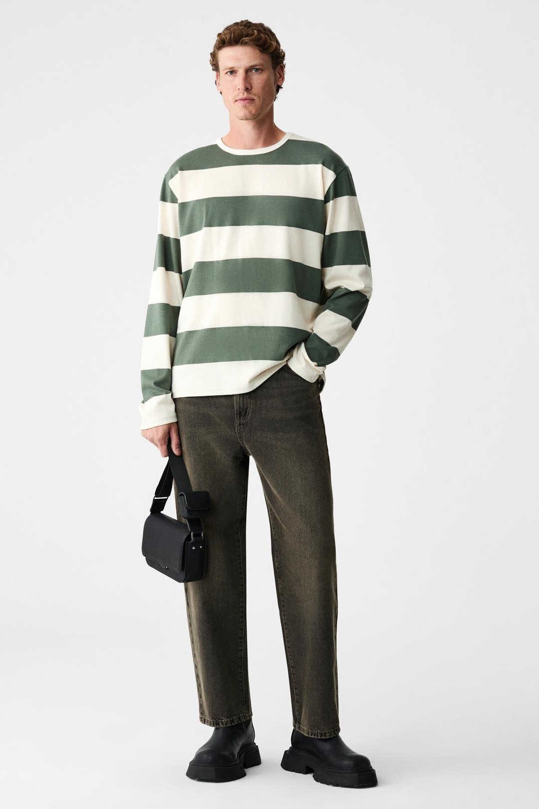 GRAVS Erkek %100 Pamuklu Yumuşak Kumaşlı Yuvarlak Yakalı Uzun Kollu Yeşil - Ekru T-Shirt