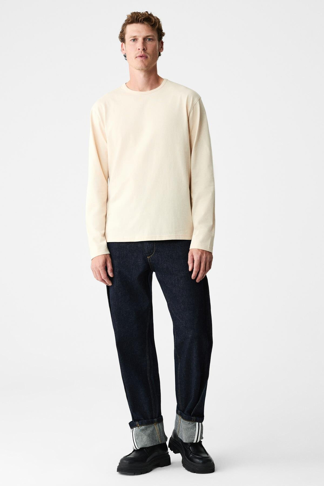 GRAVS Erkek %100 Pamuklu Yumuşak Kumaşlı Yuvarlak Yakalı Uzun Kollu Bej T-Shirt