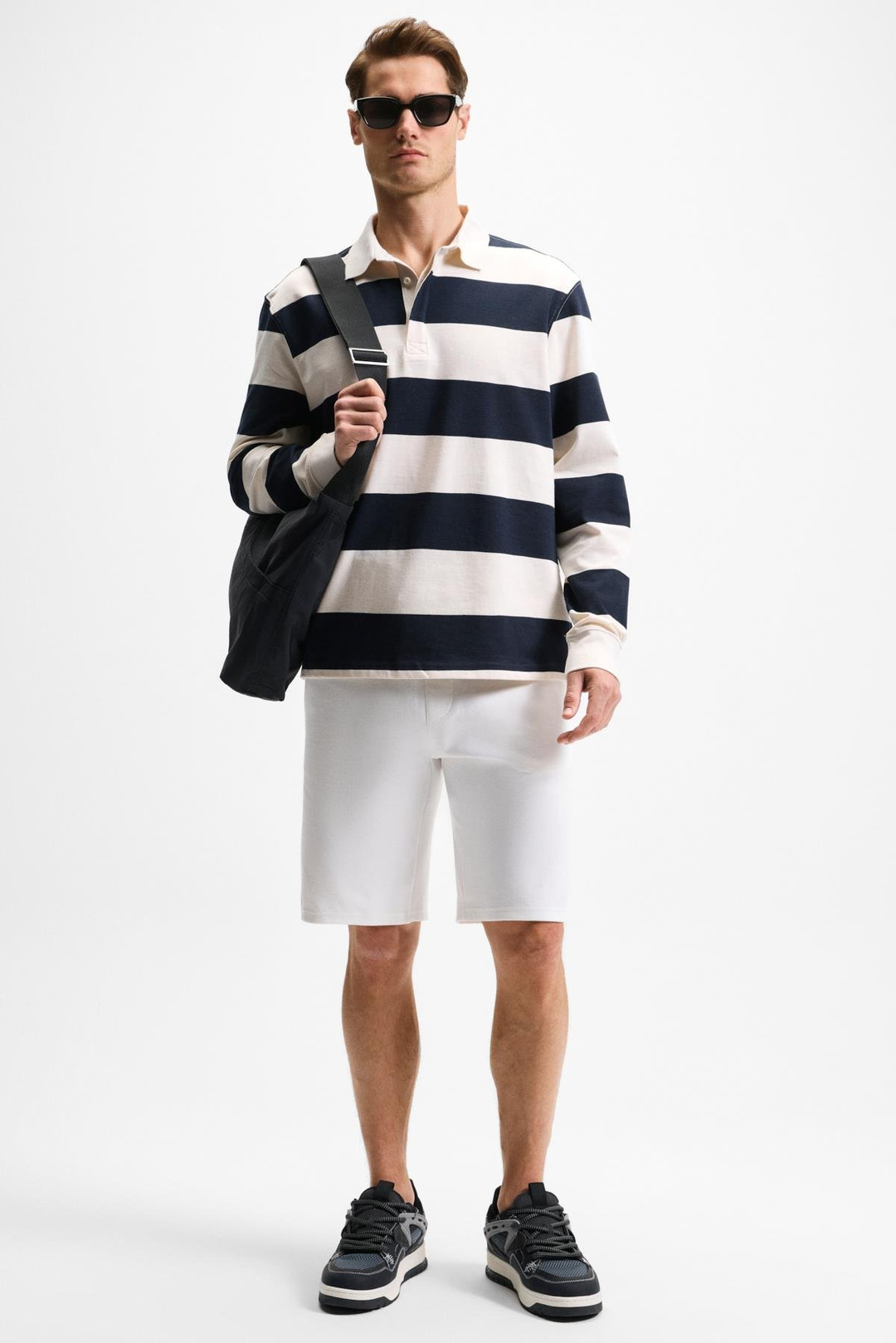 HAROLD Erkek Uzun Kollu Relaxed Fit Patlı Lacivert - Ekru Polo Yaka T-shirt