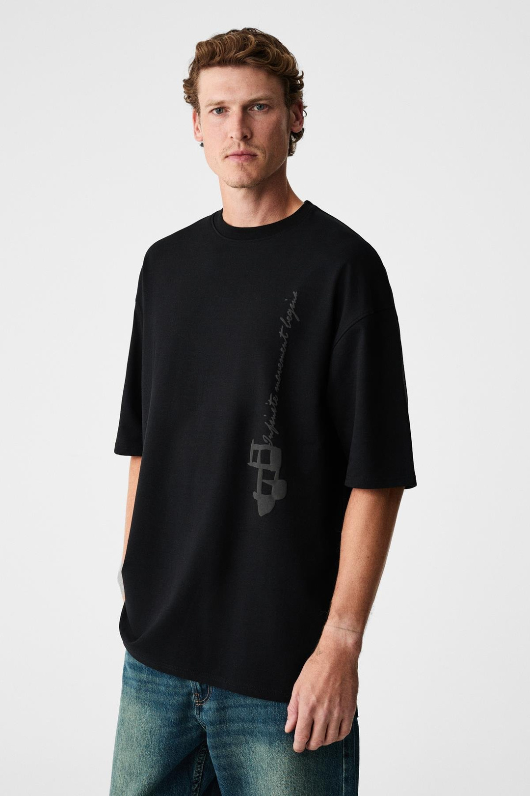 INFINITI Erkek Göğsü Ve Sırtı Baskılı Organik Pamuklu Bisiklet Yaka Oversize Siyah T-Shirt