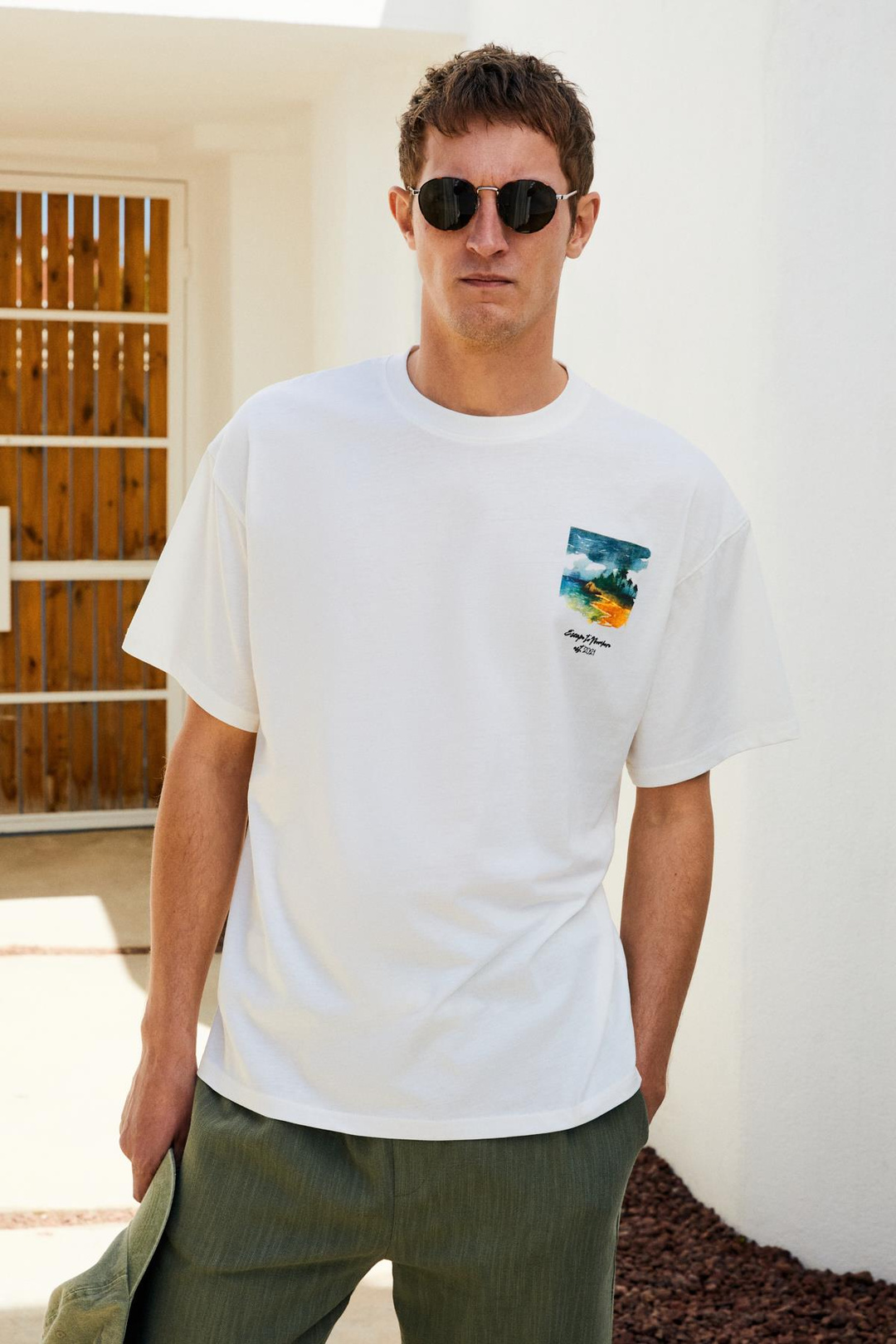 ITALIA Erkek %100 Organik Pamuk Ön Arka Baskı Detaylı Oversize Kısa Kol Ekru T-Shirt