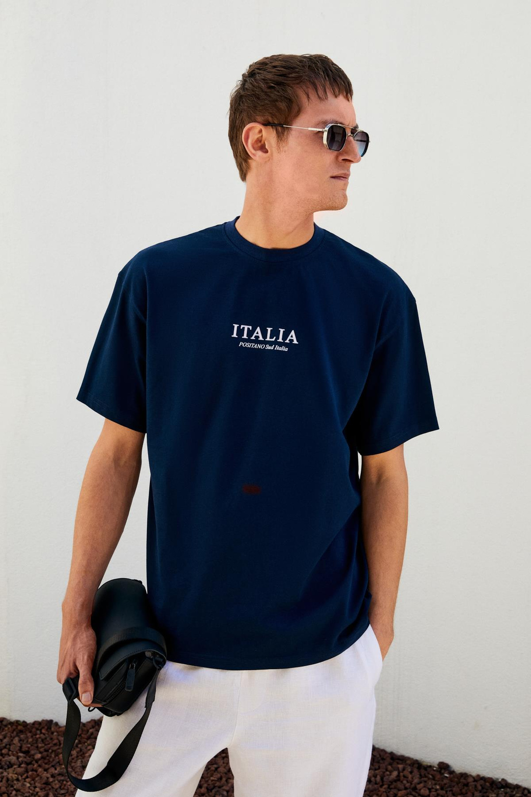 ITALIA Erkek %100 Organik Pamuk Ön Arka Baskı Detaylı Oversize Kısa Kol Lacivert T-Shirt