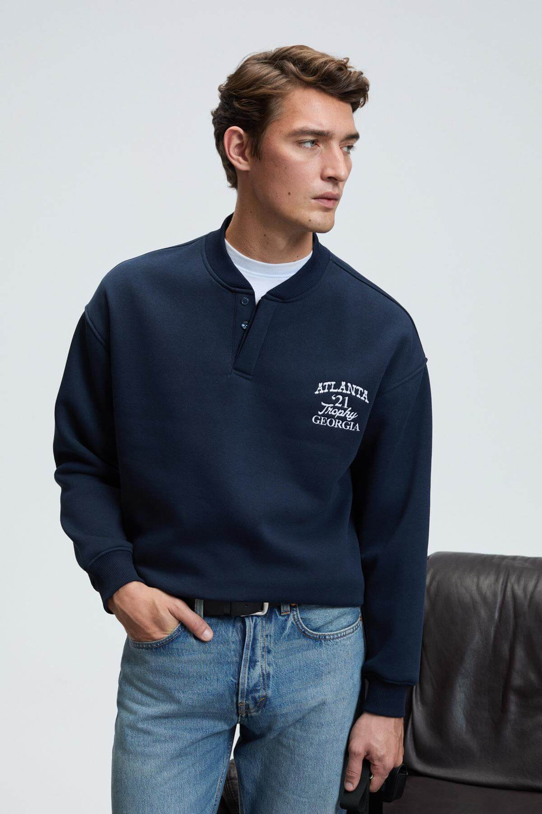 JETHRO Erkek Bomber Yaka Patlı Düğmeli Göğsü Nakışlı Relaxed Fit Lacivert Sweatshirt