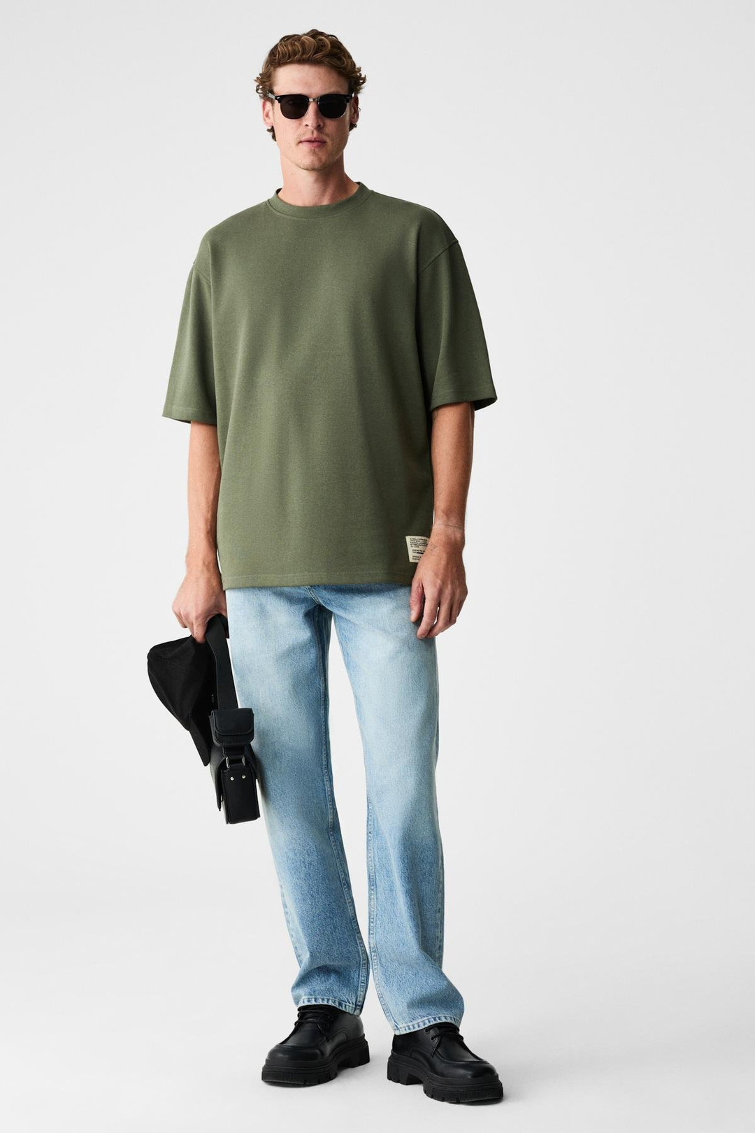 JOEL Erkek %100 Organik Pamuklu Kalın Kumaşlı Özel Dokulu Etiket Detaylı Oversize Haki T-Shirt