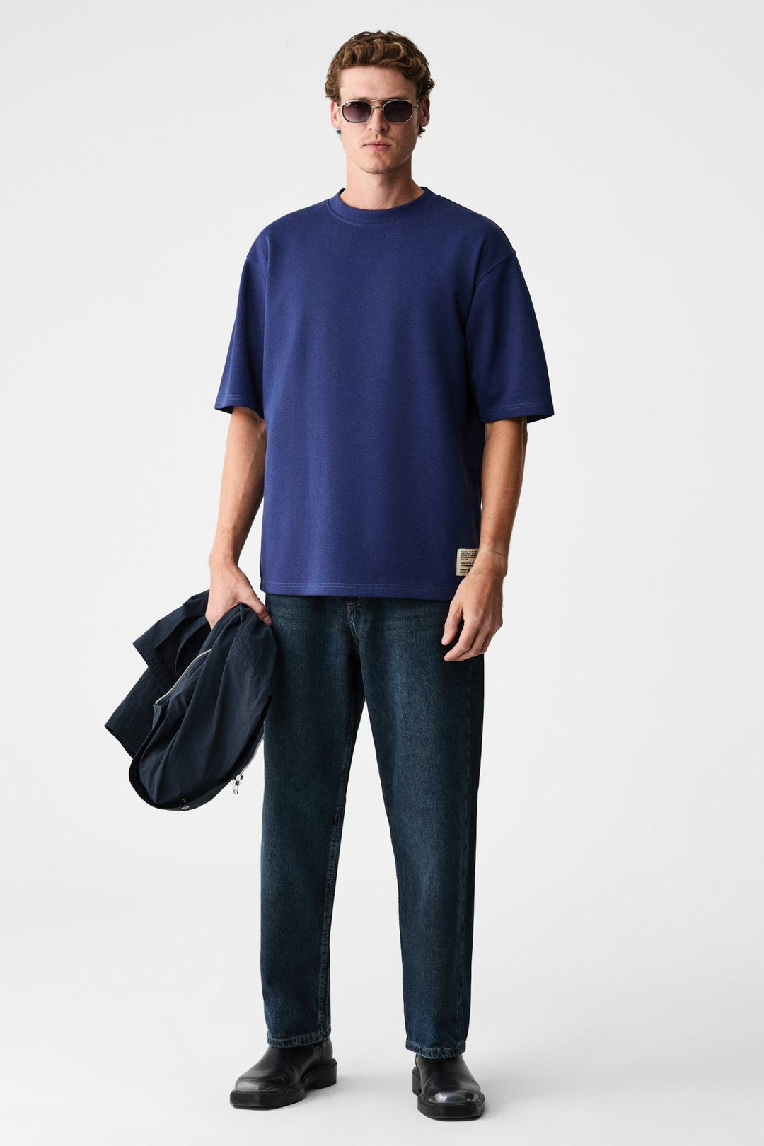 JOEL Erkek %100 Organik Pamuklu Kalın Kumaşlı Özel Dokulu Etiket Detaylı Oversize Lacivert T-Shirt