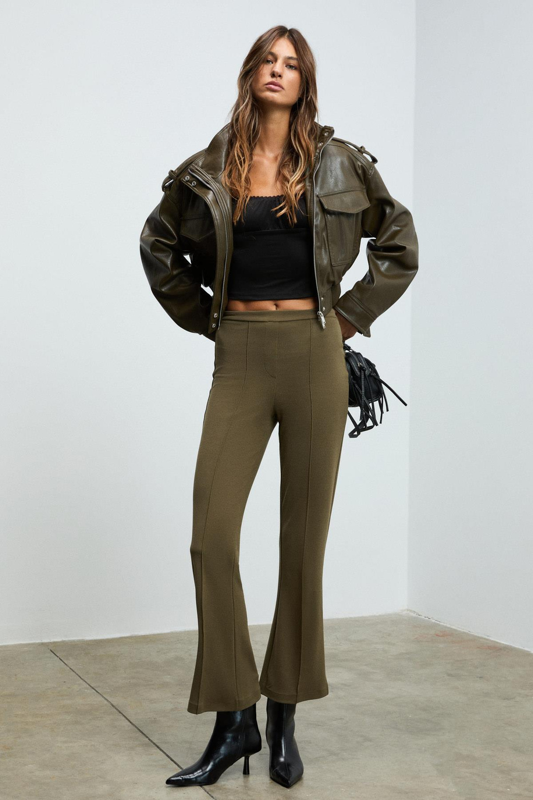 KALYYSIA Kadın Yüksek Bel Geniş Paçalı Slim Fit Haki Pantolon