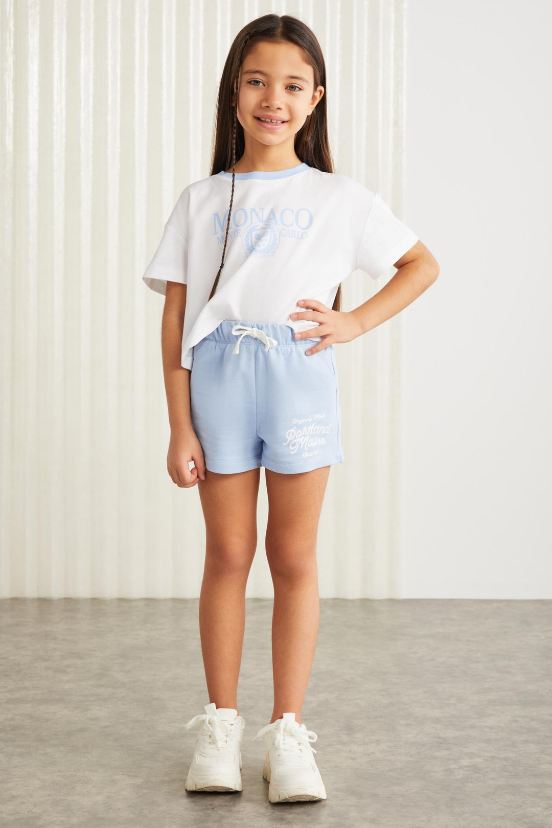 LAINEY-GRM24041 100% pamuk 3 iplik baskılı kız çocuk şort Mavi Şort