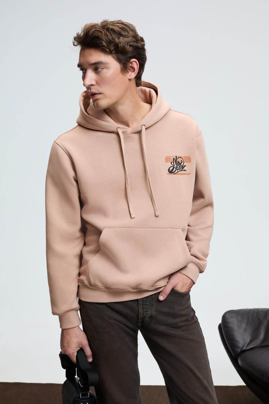 LELAND Erkek Kapüşonlu Kanguru Cepli Göğsü Nakışlı Regular Fit Vizon Sweatshirt