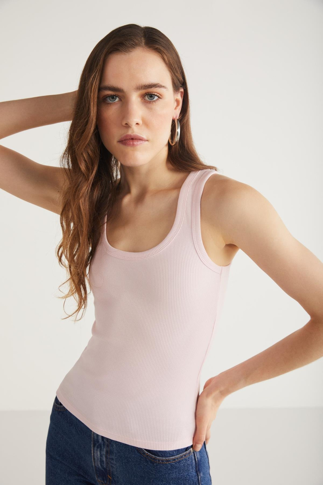 LILLESOL Kadın Fitilli Görünümlü Slim Fit Vücuda Oturan Havuz Yakalı Pamuklu Basic Pembe Atlet