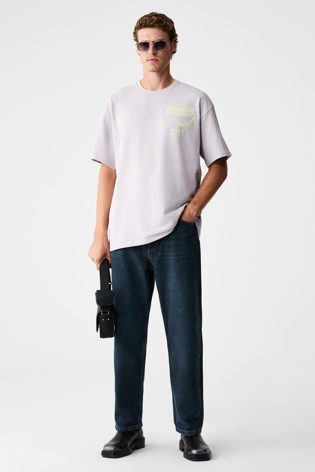 LORENNO Erkek Göğüs Baskılı %100 Organik Pamuklu Bisiklet Yaka Lila T-Shirt