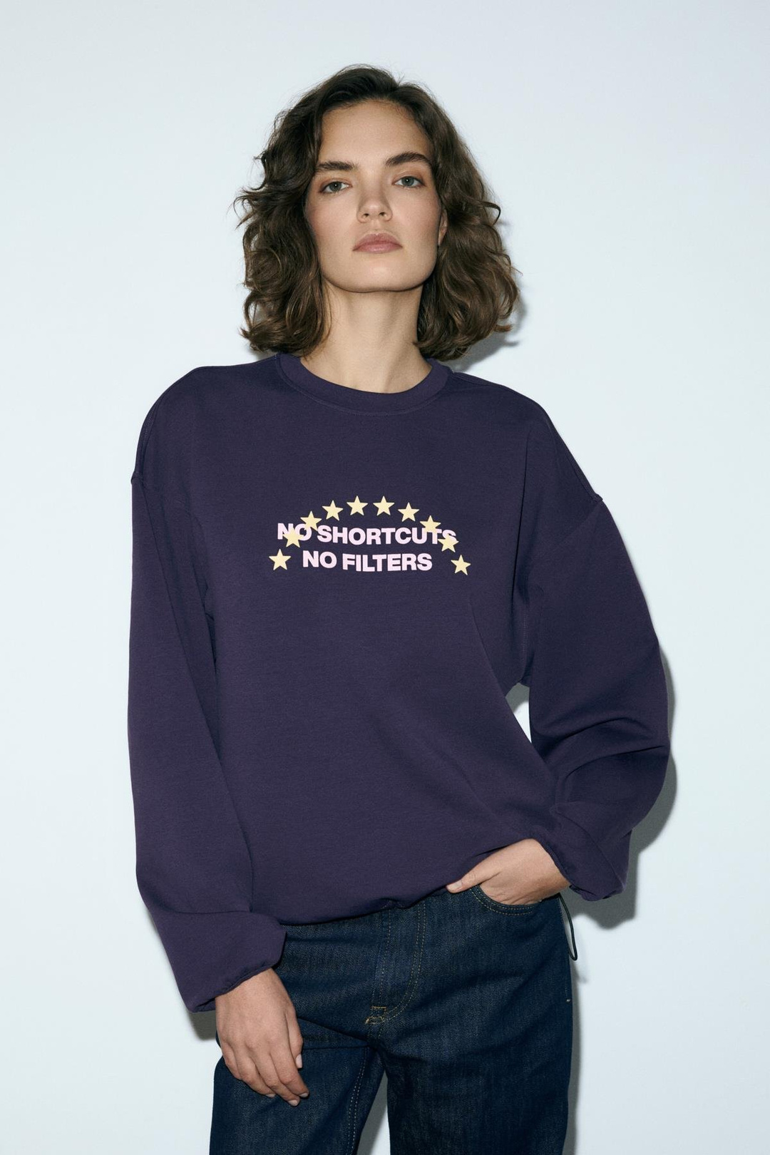 MARIELA Kadın Yuvarlak Yaka Baskı Detaylı Oversıze Mor Sweatshirt