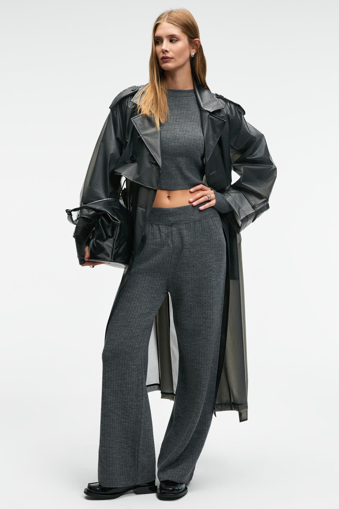 MARIPOSA Kadın Yuvarlak Yaka Çizgi Desenli Crop Geniş Paça Triko Antrasit Alt-Üst Takım