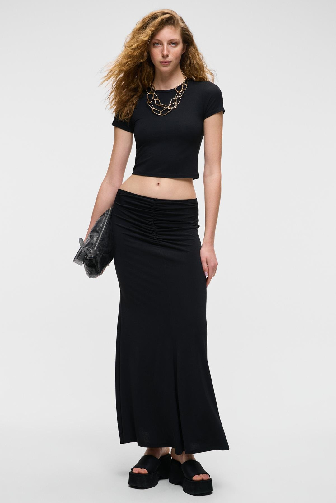 MIALTIH Kadın Uzun Büzgü Detay Regular Siyah Etek