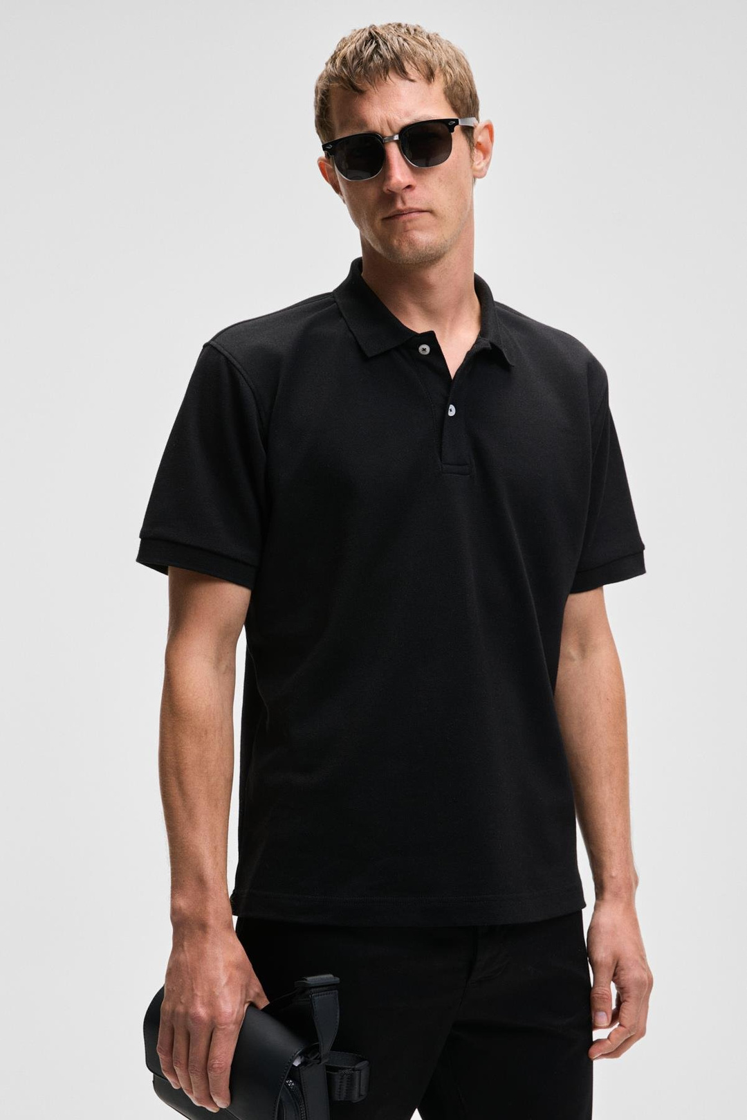 MONAGHAN Erkek Polo Yaka Relaxed Fit Patlı Düğmeli Kısa Kollu Siyah T-Shirt