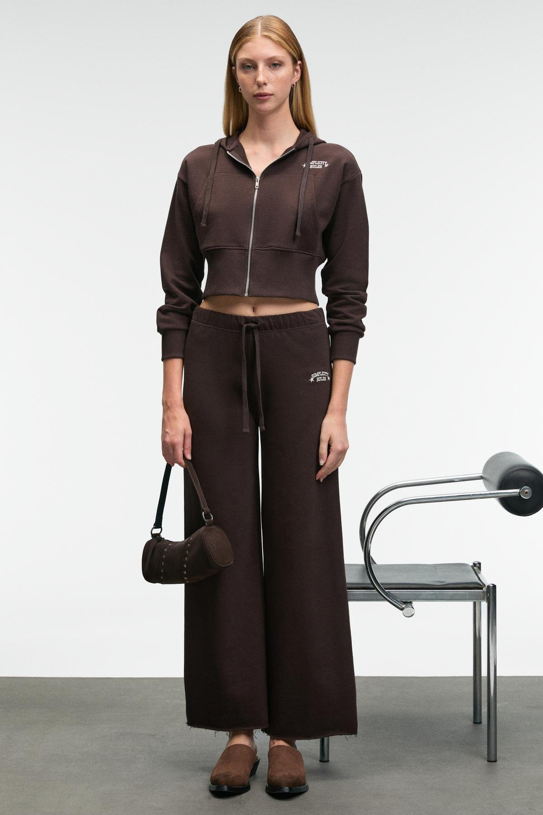 MORVELLA Kadın Nakışlı Regular Fit Koyu Kahverengi Eşofman Altı