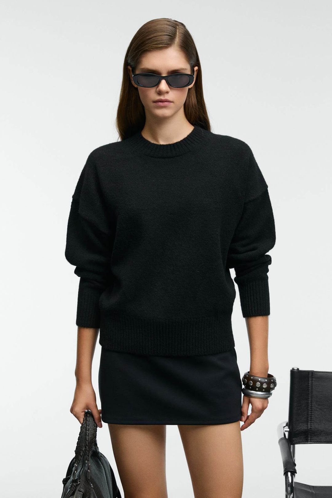 NANNA Kadın Oversize Fit Yumuşacık Kaşmir Tuşesinde Bisiklet yaka Kalın Triko Siyah Kazak