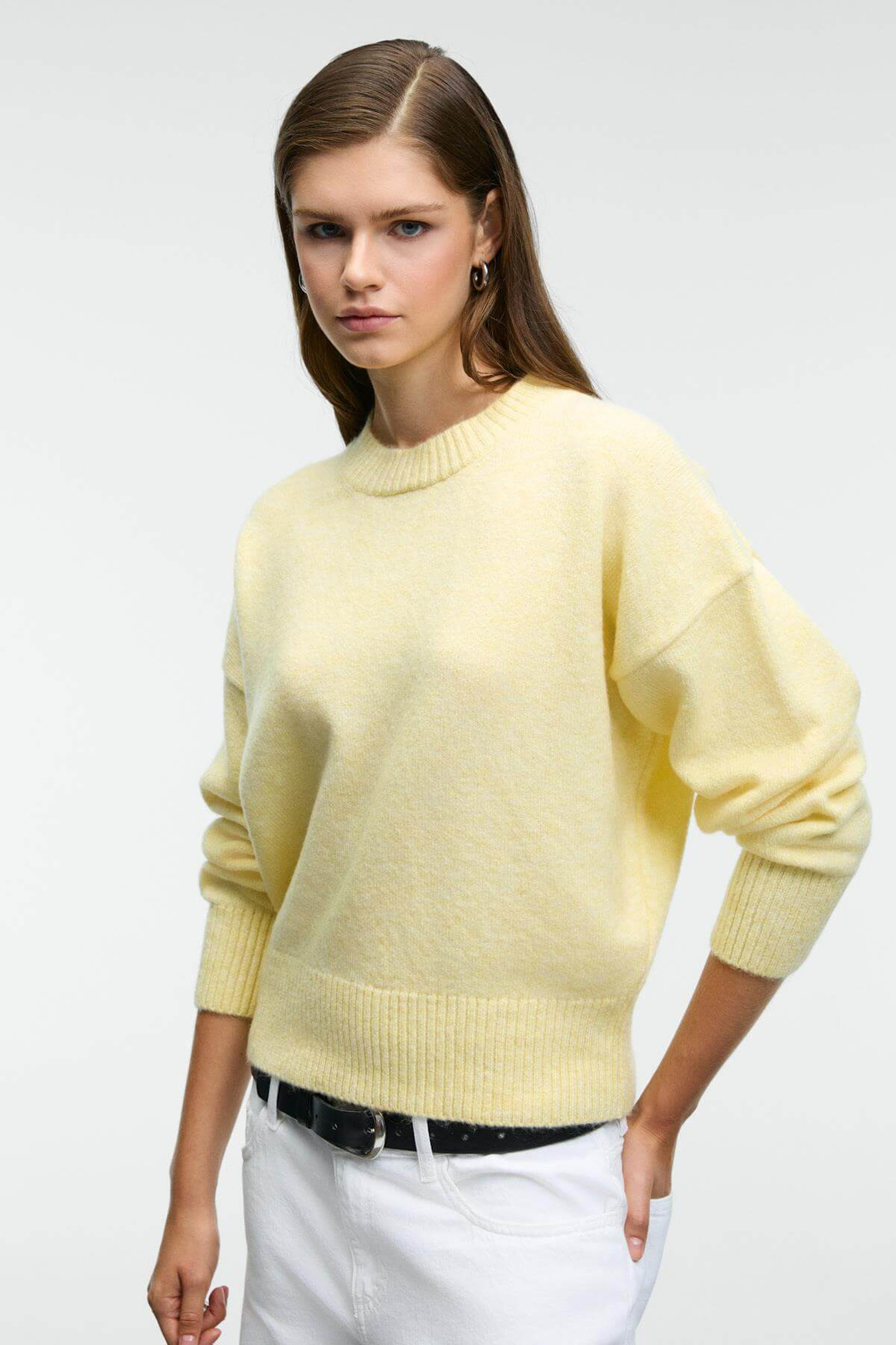 NANNA Kadın Oversize Fit Yumuşacık Kaşmir Tuşesinde Bisiklet yaka Kalın Triko Sarı Kazak