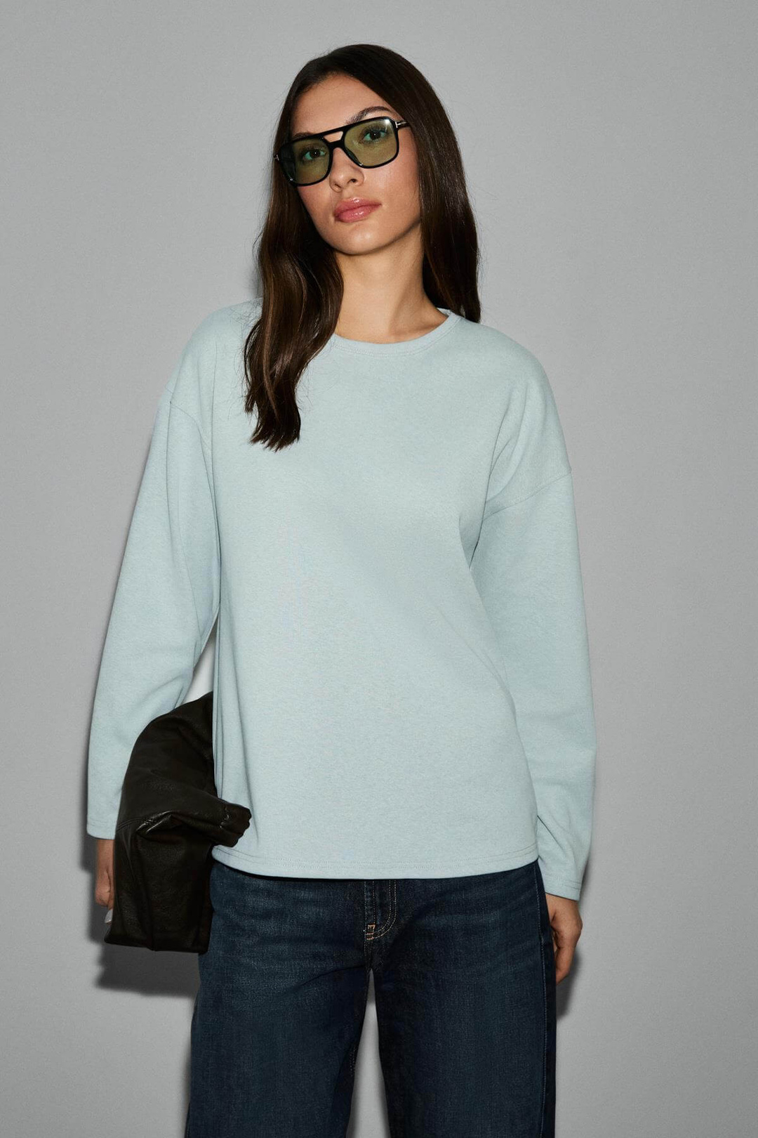 NEAT Kadın Organik Pamuklu Bisiklet Yaka Oversize Fit Uzun Kollu Gri T-Shirt