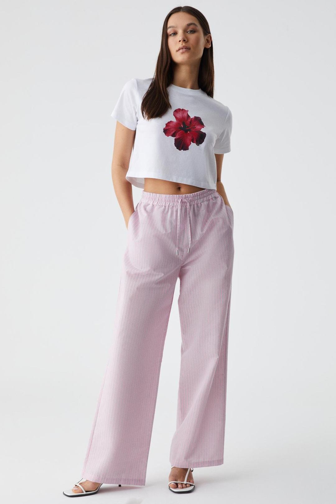 NILAH Kadın Oversize Yüksek Bel Geniş Paça Beyaz - Pembe Pantolon