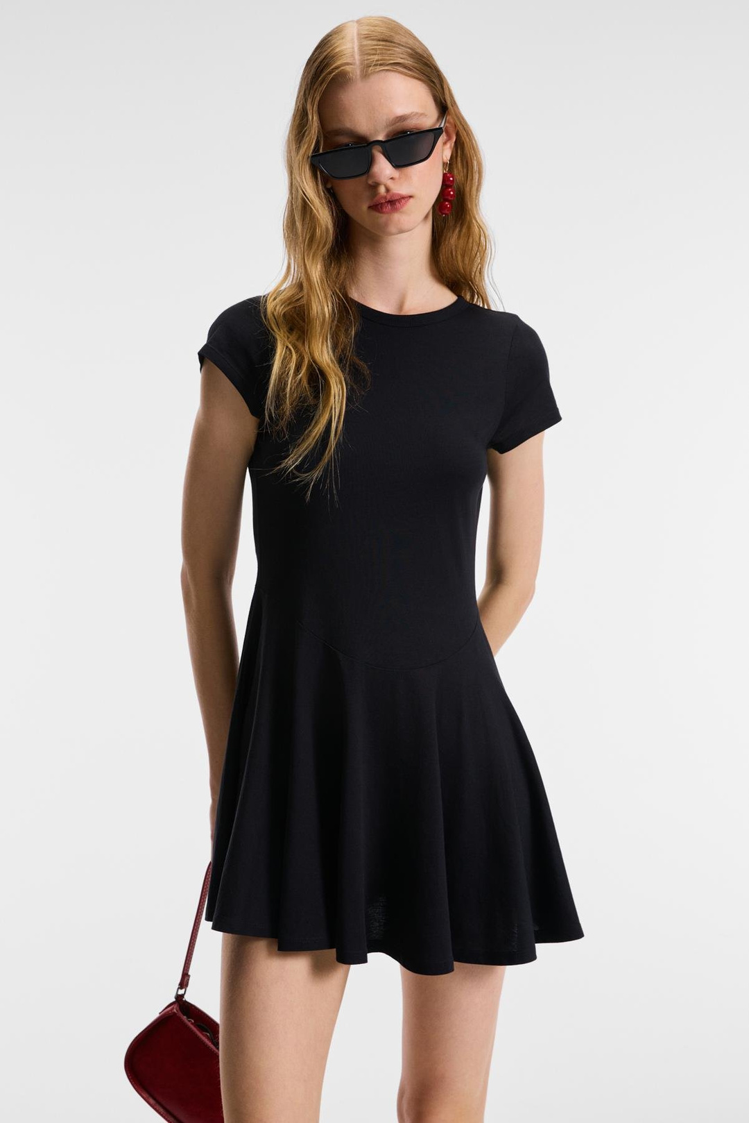 NURVA Kadın Bisiklet Yaka Cap Kol Beli Kesikli Mini Siyah Elbise