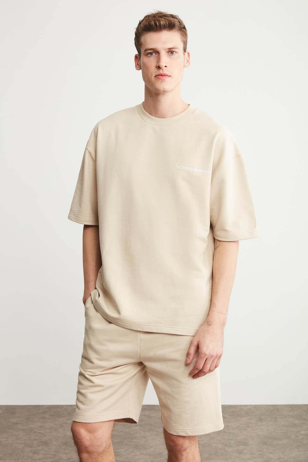 PASTO Erkek Comfort Fit Polarsız Nakışlı kısa kollu Bej T-Shirt