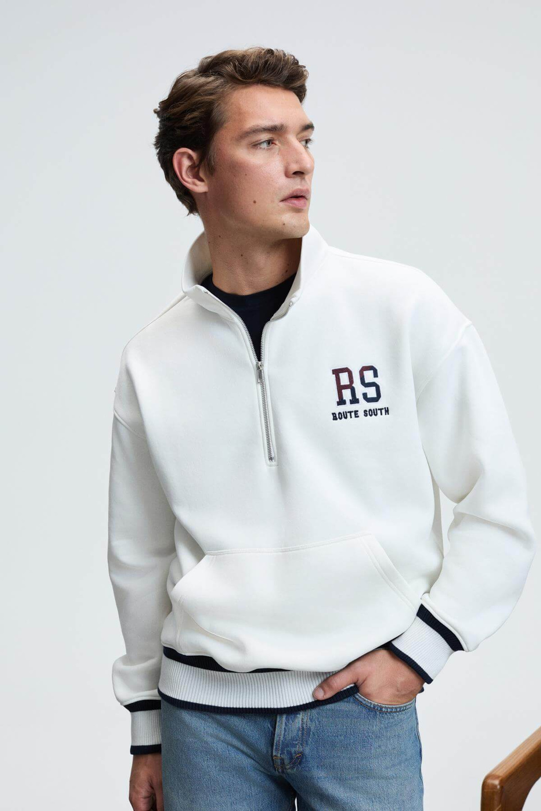 PLATA Erkek Yarım Fermuarlı Kanguru Cepli Etek Ve Kolda Triko Detay Relaxed Fit Ekru Sweatshirt