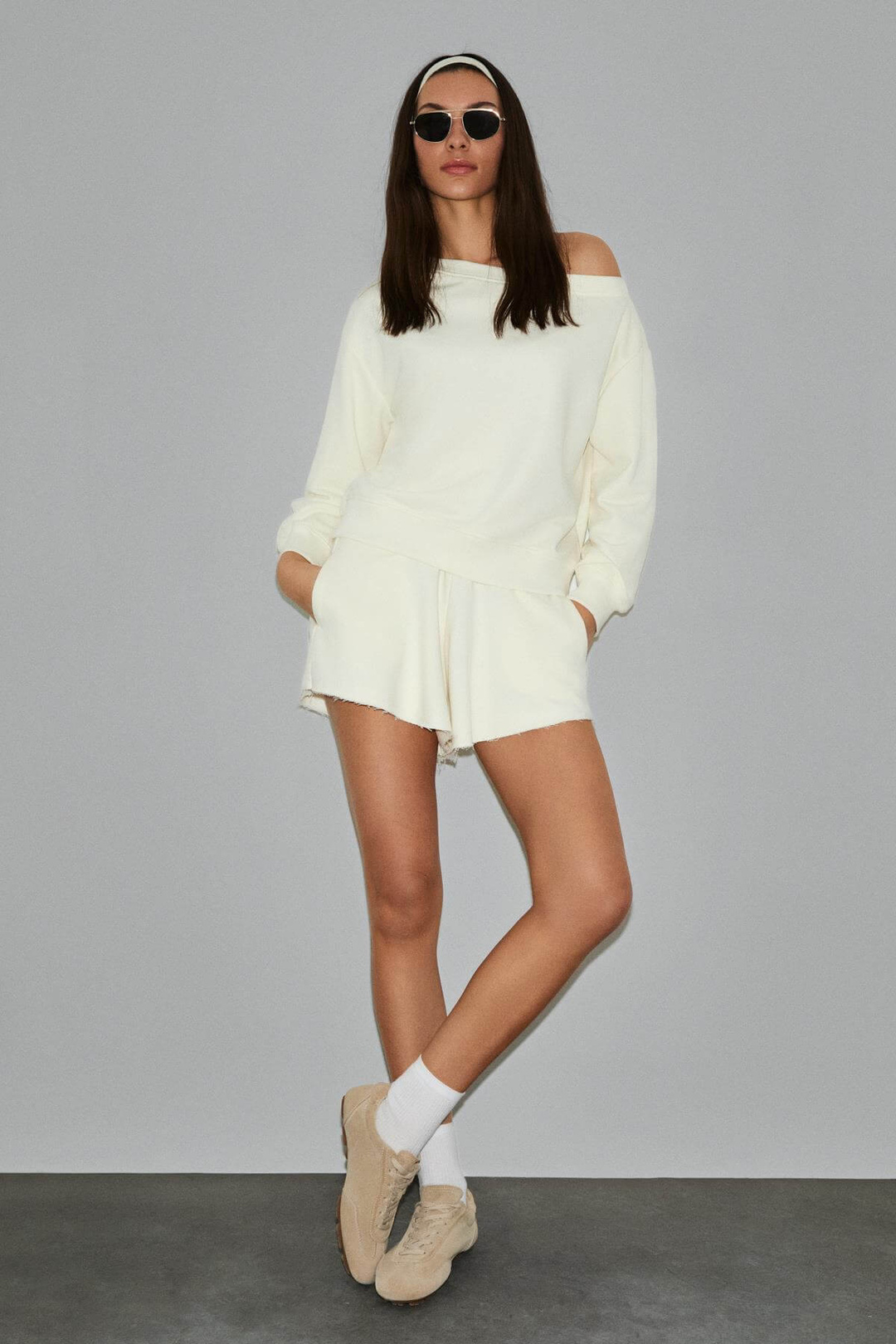 PUNNUET Kadın Organik Pamuklu Kayık Yaka Beli Lastikli Çift Cepli Relaxed Ekru Alt-Üst Takım