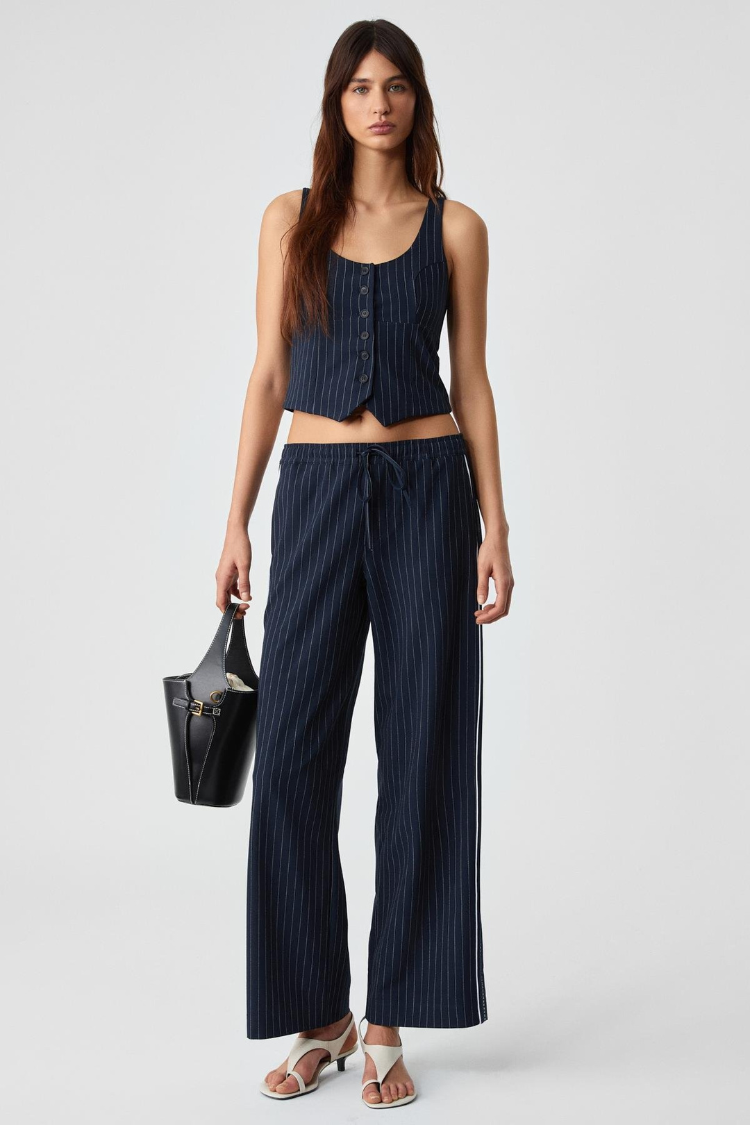 RAFUNSE Kadın Oversize Fermuarlı Çizgili Yüksek Bel Lacivert Pantolon