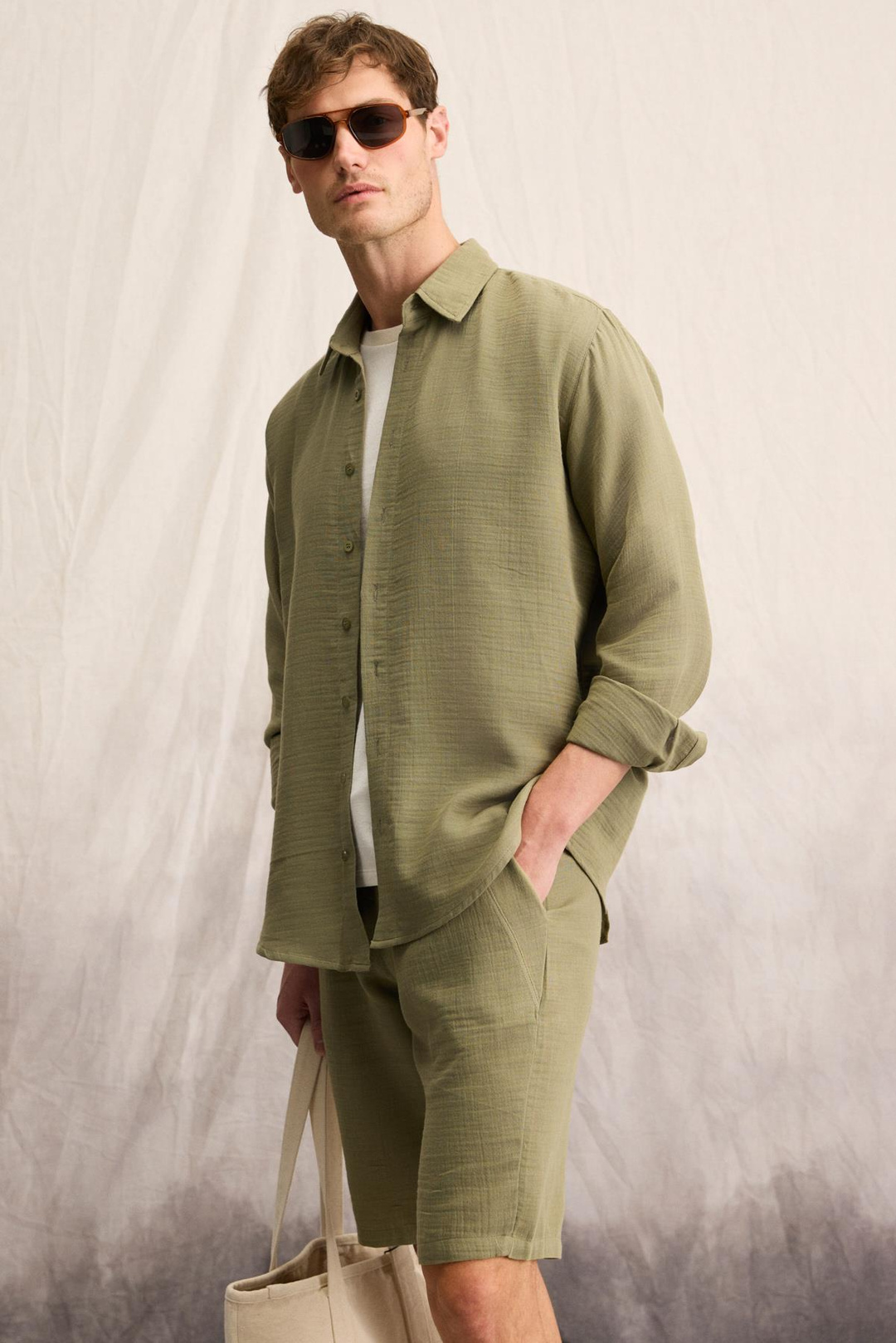 RAIMO Erkek %100 Pamuklu Manşetli Uzun Kol Comfort Fit Haki Gömlek