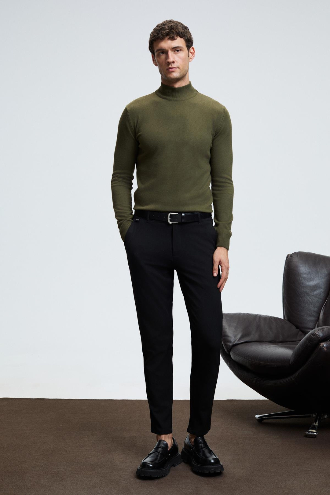 REBEL Erkek Yarım Balıkçı Yaka Basic Regular Fit Triko Haki Kazak