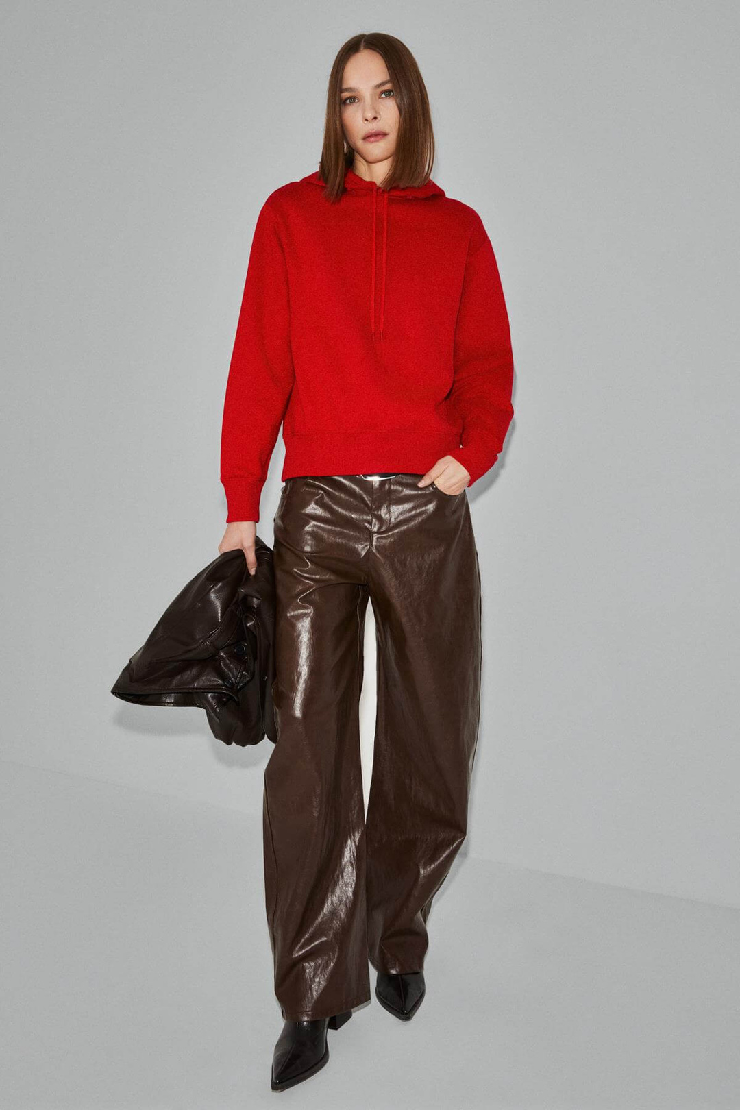 REDONY Kadın Organik Pamuklu İçi Polarlı Kapüşonlu Yaka Brit Detaylı Regular Kırmızı Sweatshirt