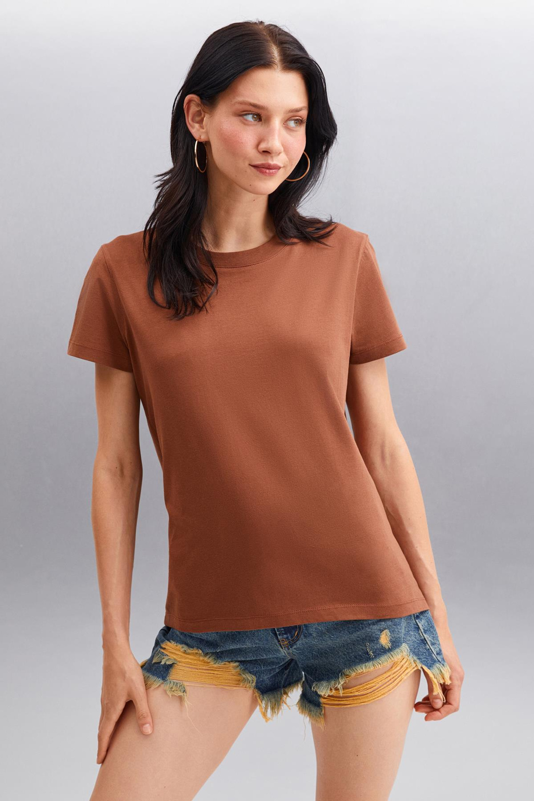 SAMANTHA Kadın Comfort Fit %100 Organik Pamuklu Basic Örme Kahverengi T-Shirt