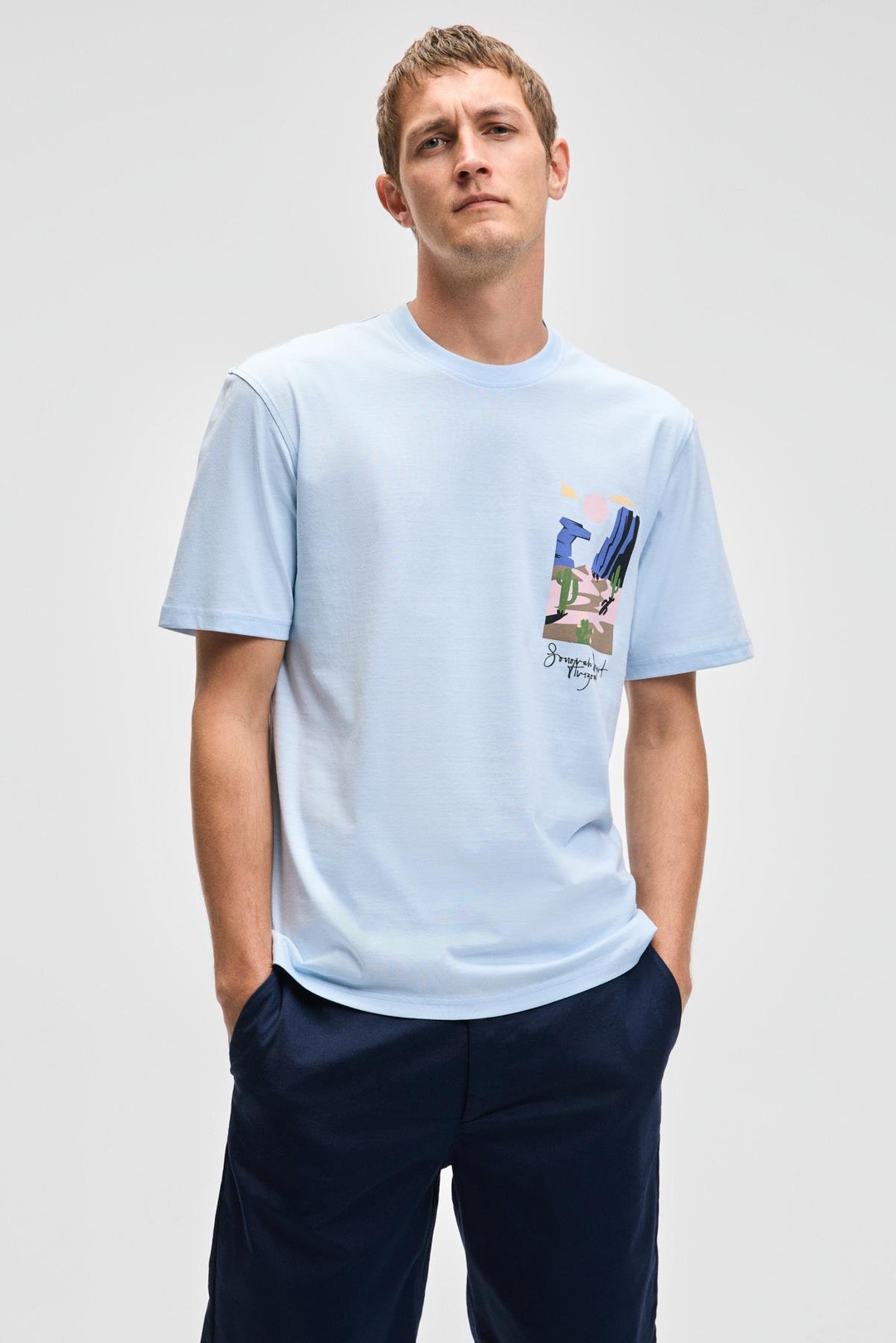 SONORA Erkek Baskı Detaylı %100 Organik Pamuk Regular Fit Kısa Kollu Mavi T-Shirt