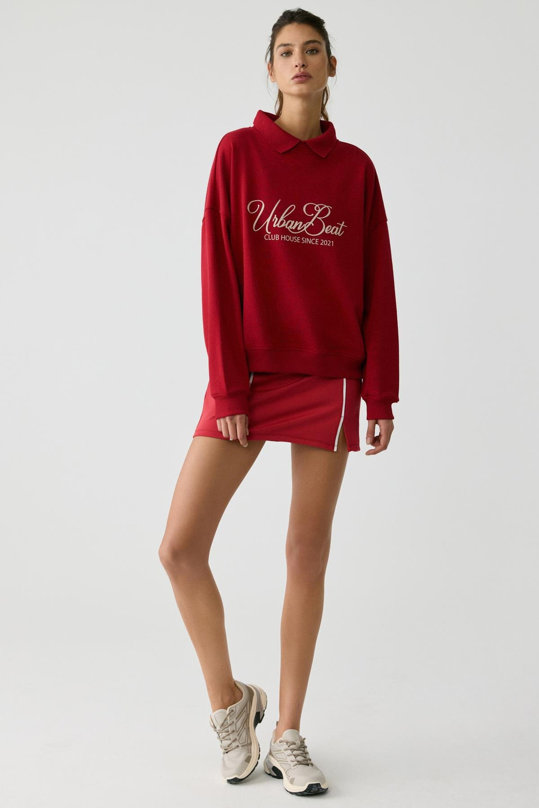 STEFFI Kadın Triko Polo Yaka Baskı Detaylı Relaxed Kırmızı Sweatshirt