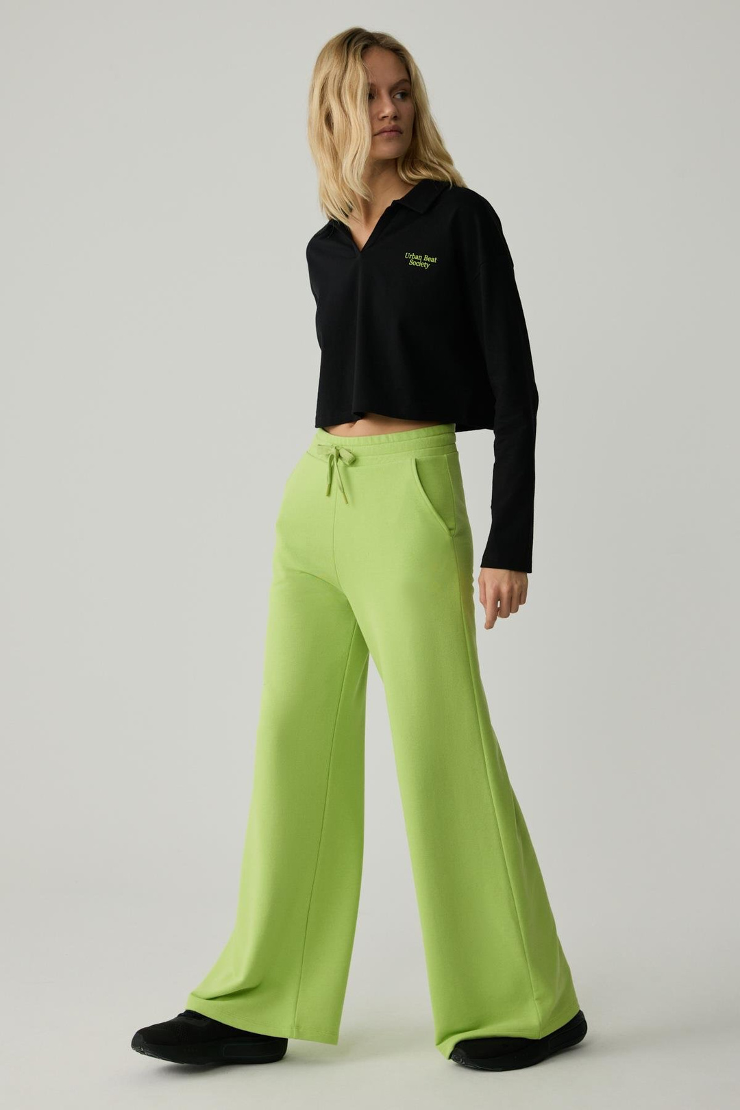 TIJANA Kadın Beli Lastikli Geniş Paça Relaxed Fıstık Yeşili Eşofman Altı