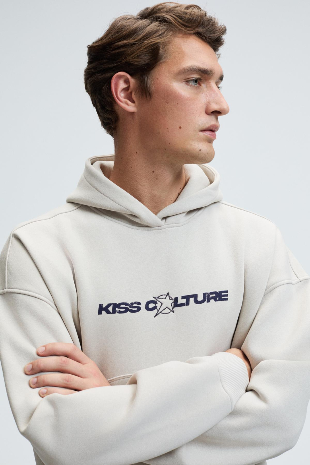 TRUETT Erkek Kapüşonlu Kanguru Cepli Önü Ve Sırtı Baskılı Oversize Gri Sweatshirt