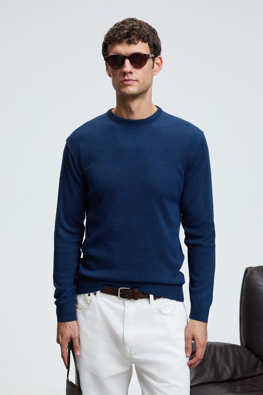 VAREX Erkek Yuvarlak Yaka Basic Slim Fit Triko İndigo Kazak