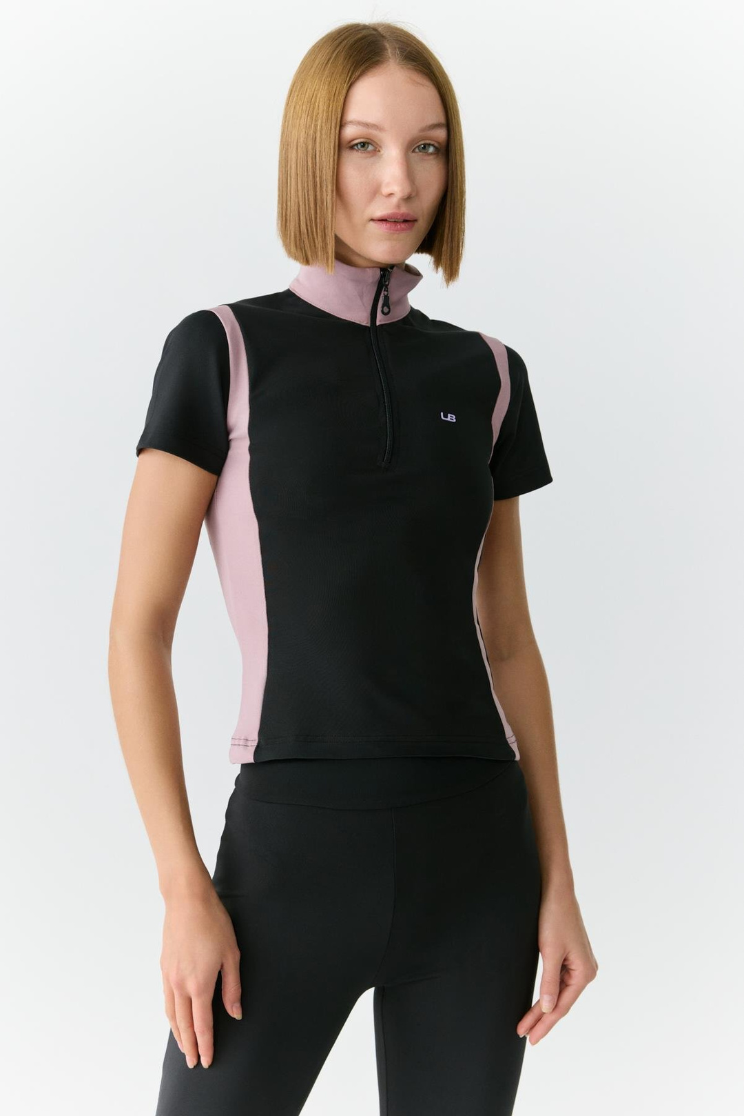 VICKIE Kadın Dik Yakalı Fermuarlı Kısa Kollu Siyah-Gül Kurusu T-Shirt