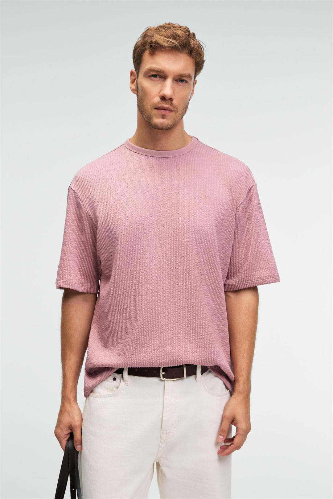 VINTAGE Erkek Kısa Kollu Yuvarlak Yaka Dokulu Gofre Kumaş Regular Fit Pembe T-Shirt